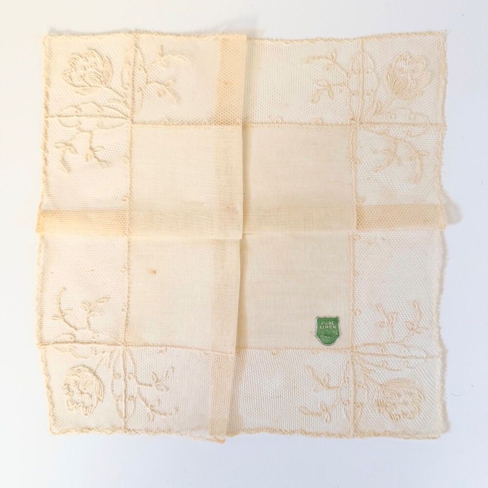 Vintage Pure Linen Hankie Fine Cotton Lace Floral Embroidery Original Box 10"